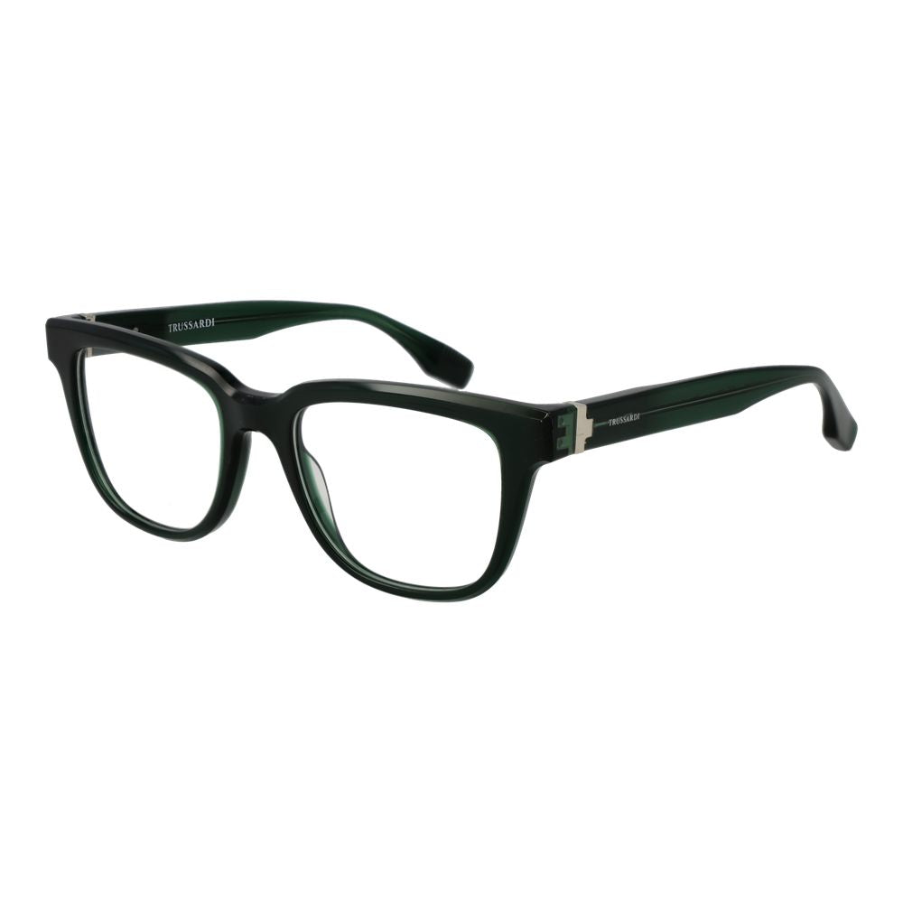 Eyeglasses Frames by Trussardi for men in acetate green showcases a reflective silhouette, artfully incorporating a sophisticated green coloured frame with a distinct full-frame frame design.