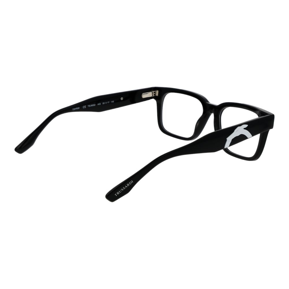 Eyeglasses Frames by Trussardi for unisex in acetate black features a refined silhouette, showcasing a refined black coloured frame and full-frame frame design for a sophisticated, premium look.