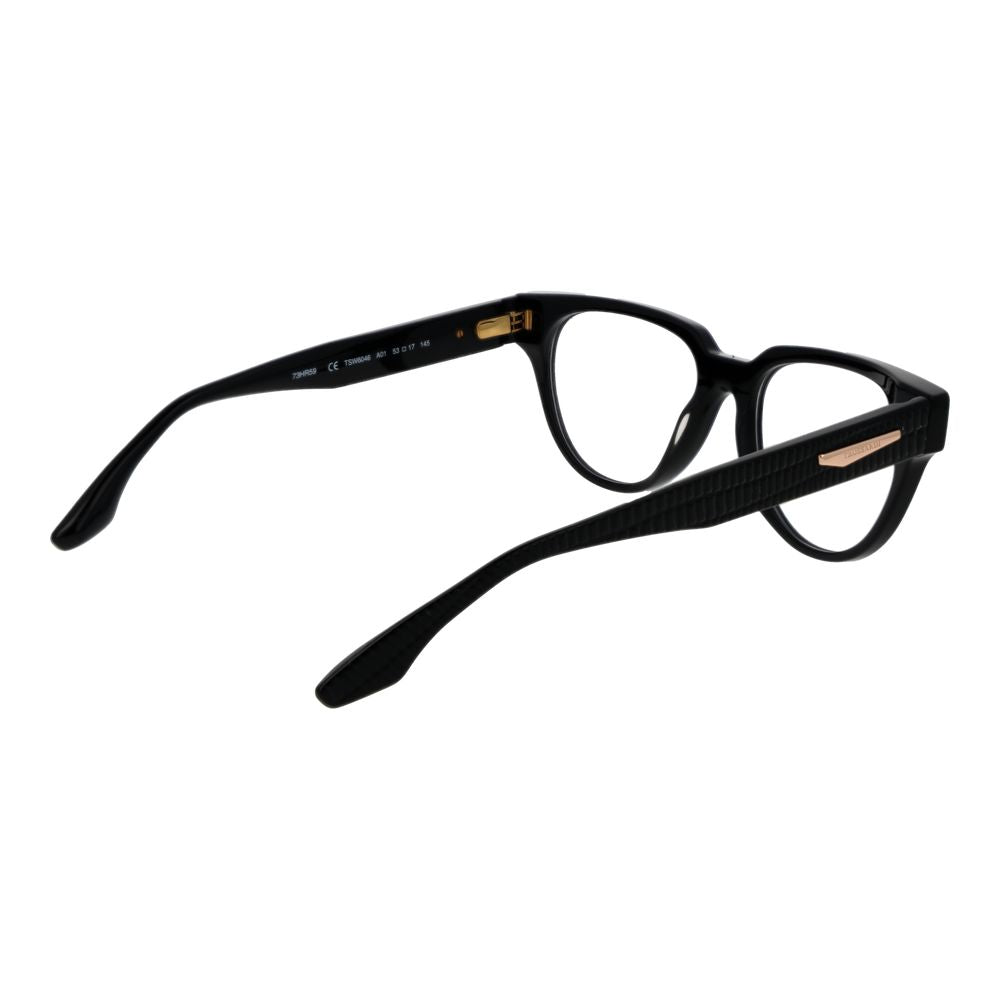 Eyeglasses Frames by Trussardi for women in acetate black features a refined silhouette, showcasing a refined black coloured frame and full-frame frame design for a sophisticated, premium look.