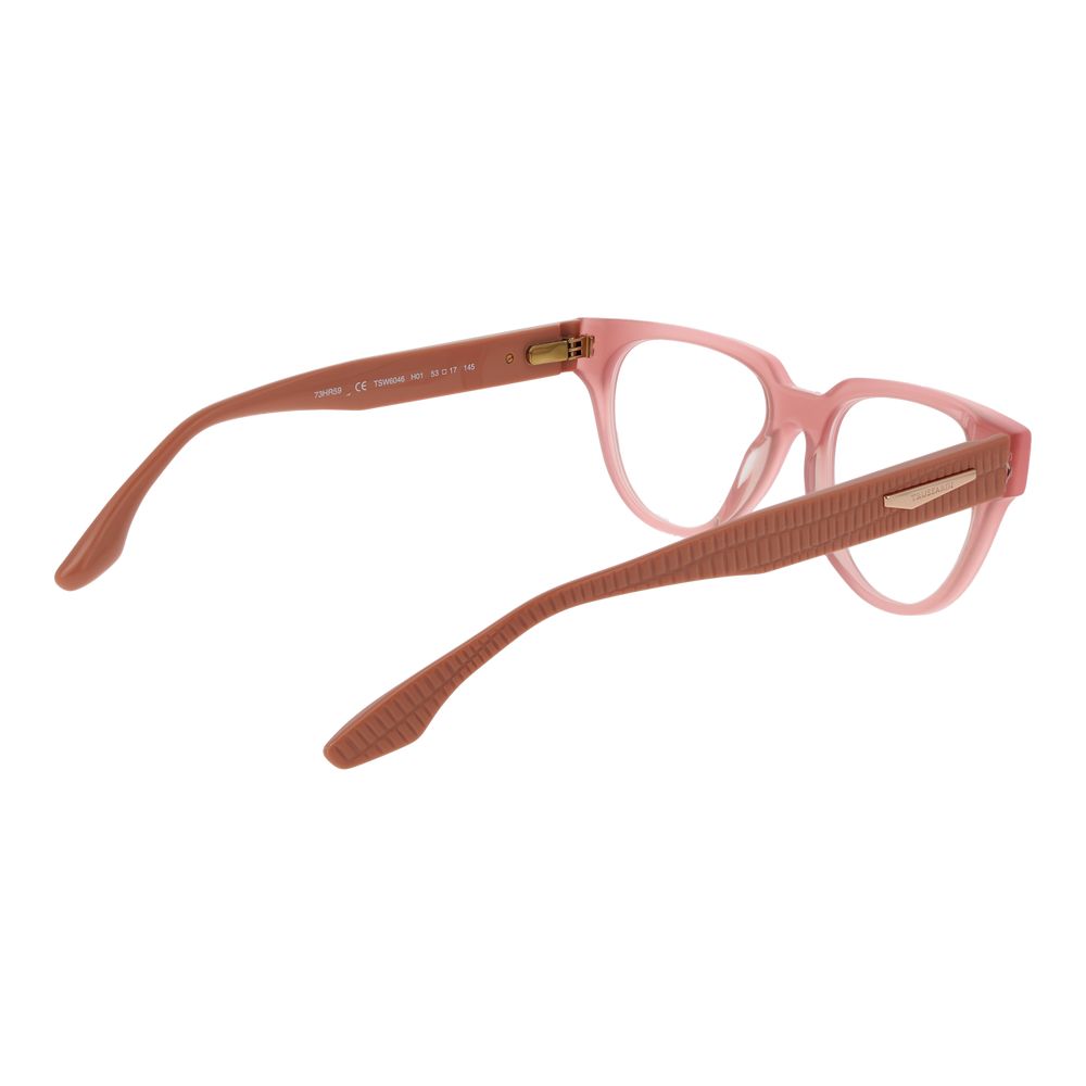 Eyeglasses Frames by Trussardi for women in acetate pink features a refined silhouette, showcasing a refined rose coloured frame and full-frame frame design for a sophisticated, premium look.