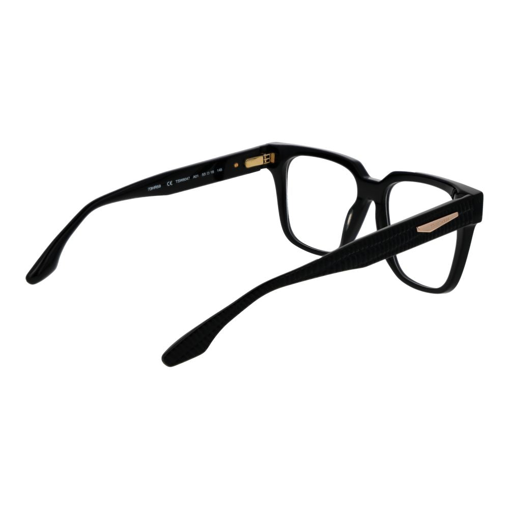 Eyeglasses Frames by Trussardi for women in acetate black features an refined silhouette, showcasing a sophisticated black coloured frame and refined full-frame frame design for a refined look.