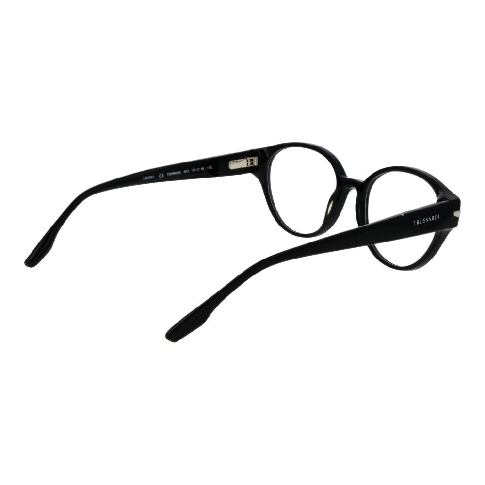 Eyeglasses Frames by Trussardi for women in acetate black showcases a reflective silhouette, artfully incorporating a sophisticated black coloured frame with a distinct full-frame frame design.