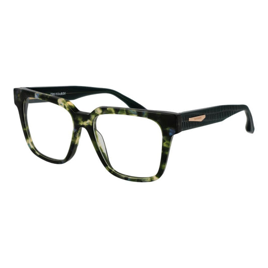 Eyeglasses Frames by Trussardi for women in acetate green showcases a reflective silhouette, artfully incorporating a sophisticated green coloured frame with a distinct full-frame frame design.