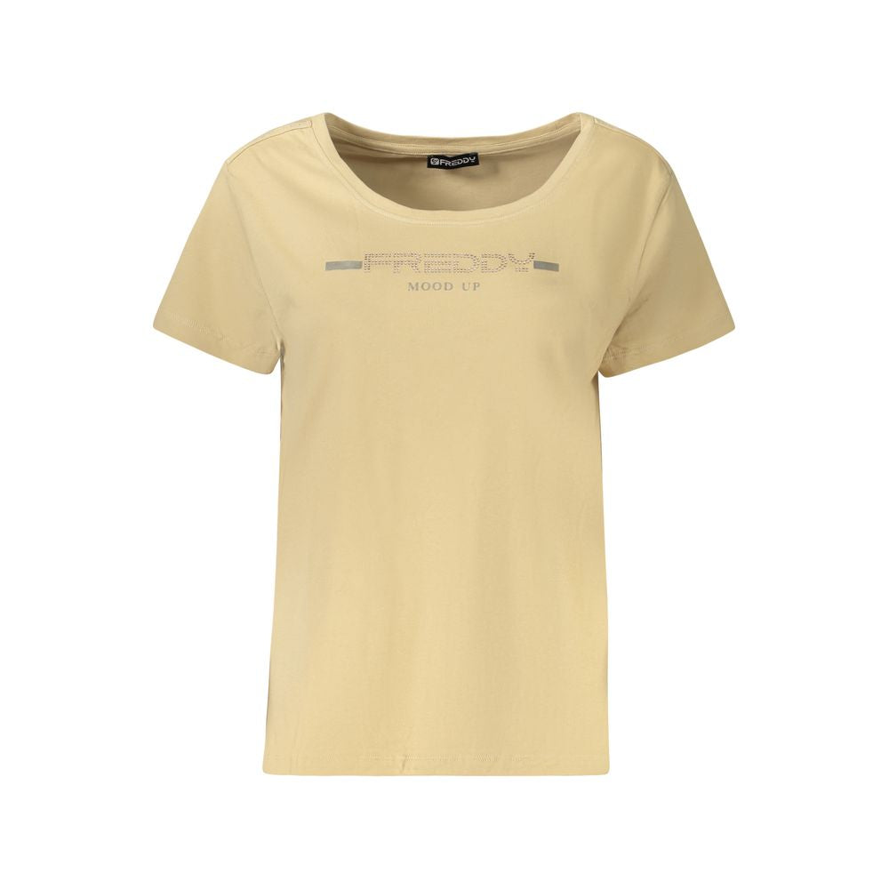 T-Shirt by Freddy for women in cotton & rhinestone beige & print features a plush silhouette, showcasing a sophisticated wide-neck neckline and for a truly plush finish.