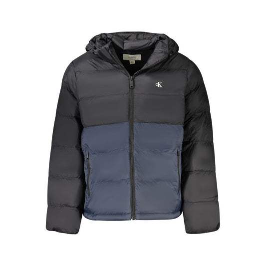 Hooded Windbreaker Jacket by Calvin Klein for men in polyamide black, blue & print features an stylish silhouette, showcasing a sophisticated hooded neckline and performance-driven pockets, hooded & windproof for a premium, stylish look.