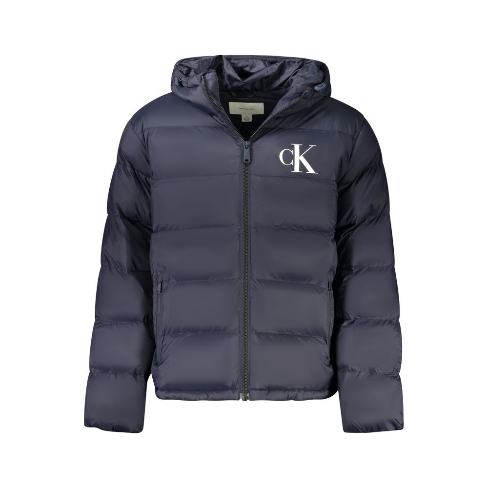 Hooded Overcoat by Calvin Klein for men in polyamide blue & print showcases a architectural silhouette, artfully detailed with a distinctive hooded neckline and functional pockets, hooded & windproof for a architectural finish.