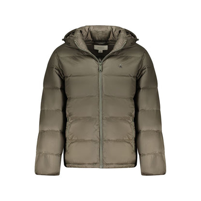 Hooded Overcoat by Calvin Klein for men in nylon brown & print features a cosy chic silhouette, artfully detailed with a sophisticated hooded neckline and premium pockets, hooded & windproof for a cosy chic finish.