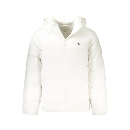 Hooded Windbreaker Jacket by Calvin Klein for men in nylon white & print features an perennial silhouette with a refined hooded neckline and perennial pockets, hooded & windproof for a sophisticated weather-resistant look.
