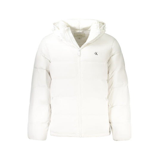 Hooded Windbreaker Jacket by Calvin Klein for men in nylon white & print features an perennial silhouette with a refined hooded neckline and perennial pockets, hooded & windproof for a sophisticated weather-resistant look.
