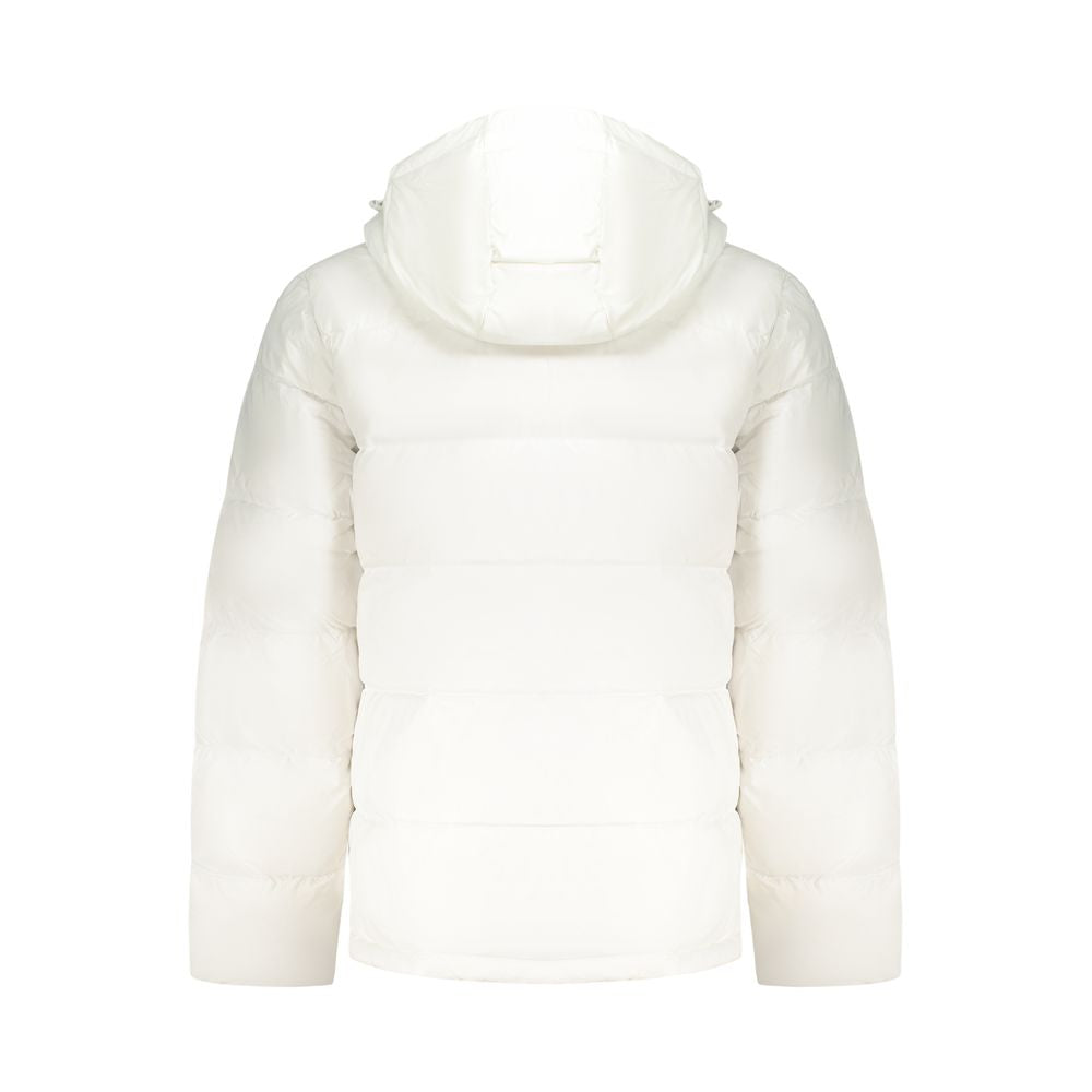 Hooded Windbreaker Jacket by Calvin Klein for men in nylon white & print features an enduring silhouette, showcasing technical pockets, hooded & windproof and a sophisticated for a truly enduring aesthetic.
