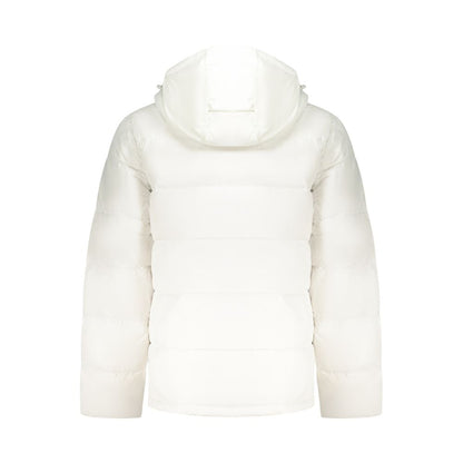 Hooded Windbreaker Jacket by Calvin Klein for men in nylon white & print features an enduring silhouette, showcasing technical pockets, hooded & windproof and a sophisticated for a truly enduring aesthetic.