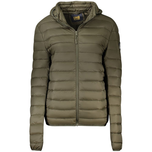 Hooded Windbreaker Jacket by Cavalli Class for men in polyester green showcases a modern silhouette, integrating pockets, hooded & windproof and a modern hooded neckline for a sophisticated finish.