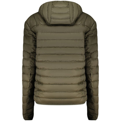 Hooded Windbreaker Jacket by Cavalli Class for men in polyester green features an perennial silhouette with a refined hooded neckline and perennial pockets, hooded & windproof for a sophisticated weather-resistant look.