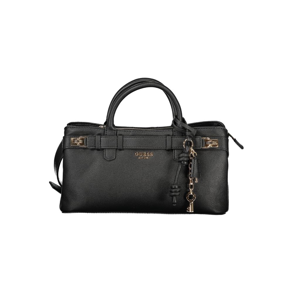 Handbag by Guess Jeans for women in polyethylene black features a ornamental silhouette, showcasing a secure snap & zipper, ample built-in-compartments, external-pockets, internal-pockets & cardholder, and ornamental shoulder-strap, handle & adjustable-strap for a sophisticated look.