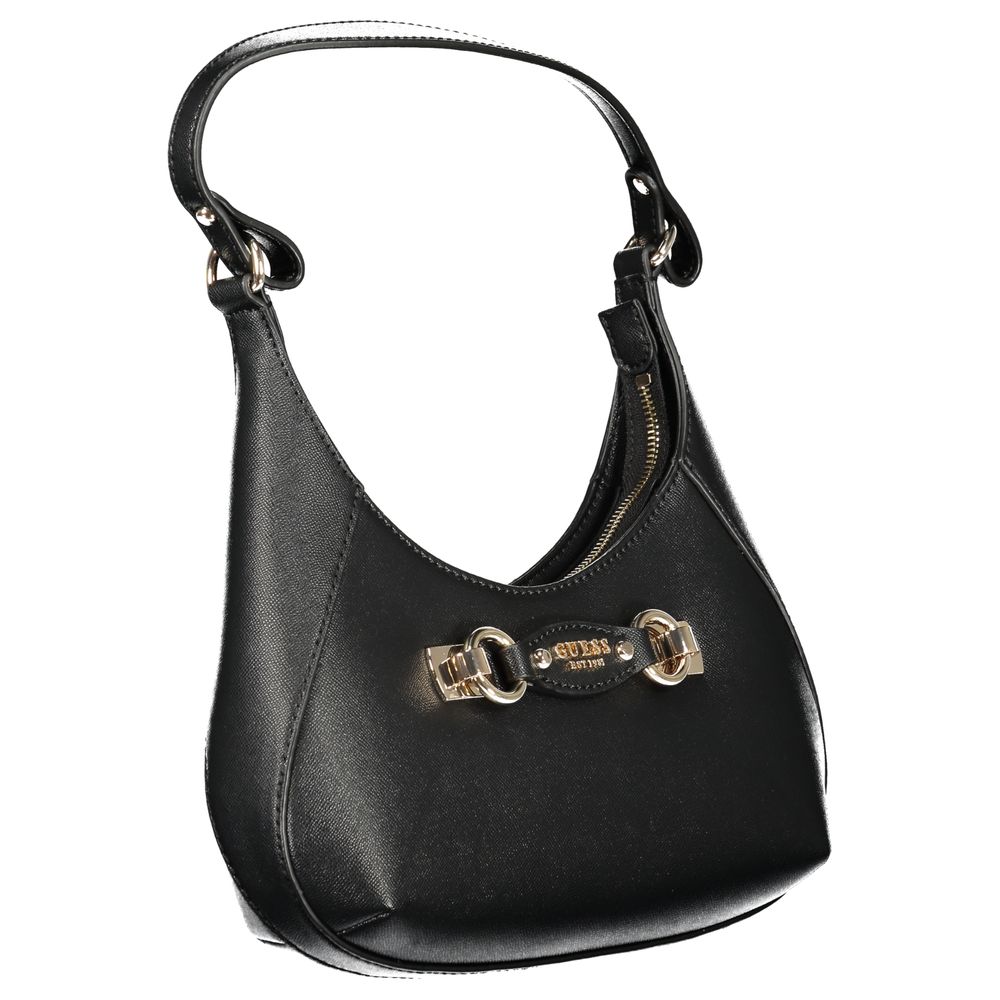 Handbag by Guess Jeans for women in polyethylene black features a ornamental silhouette, showcasing a secure zipper, ample external-pockets & internal-pockets, and ornamental handle for a sophisticated look.