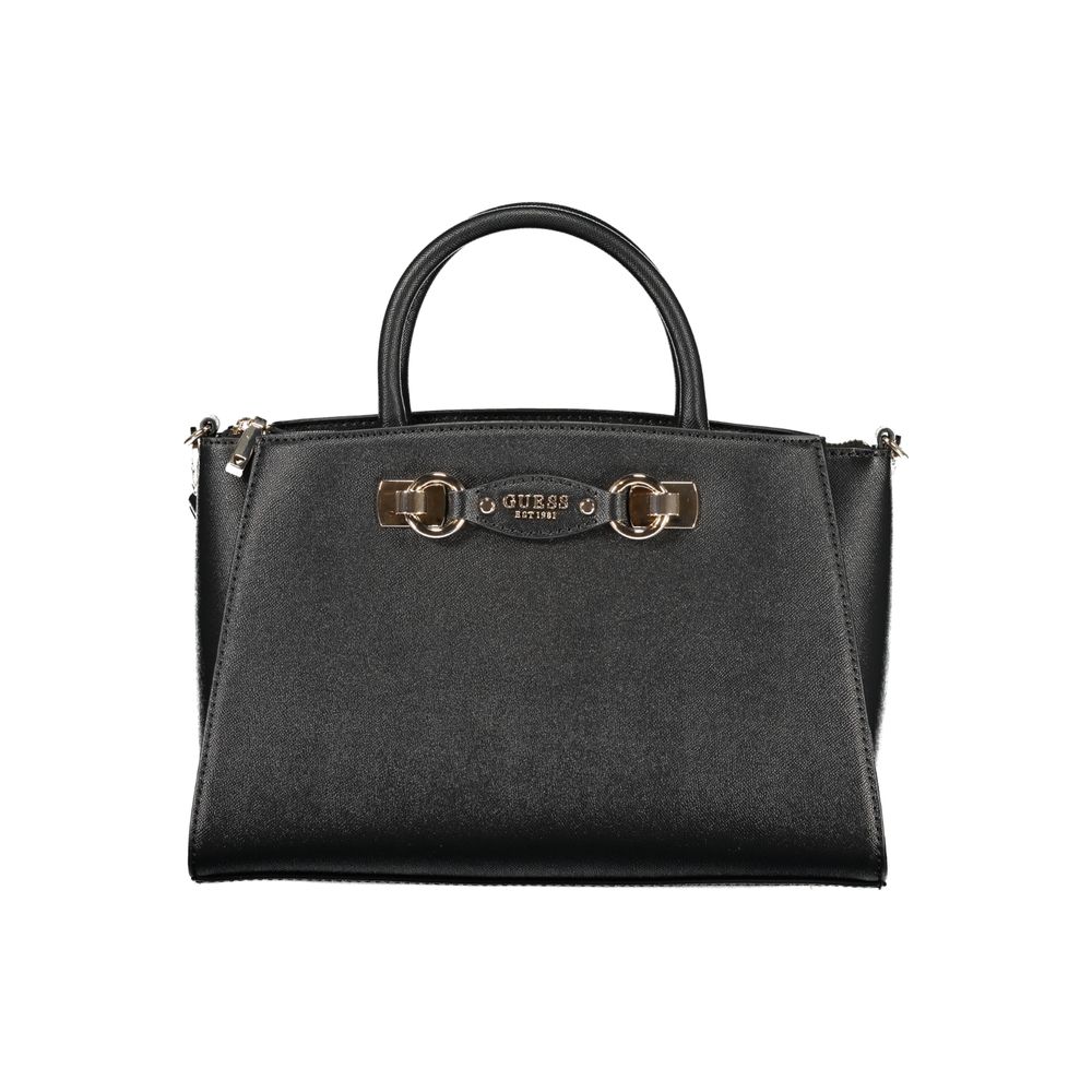 Handbag by Guess Jeans for women in polyethylene black features an refined silhouette, showcasing a secure snap & zipper, ample built-in-compartments, document-holder, external-pockets & internal-pockets, and versatile shoulder-strap, handle & adjustable-strap for a sophisticated refined aesthetic.