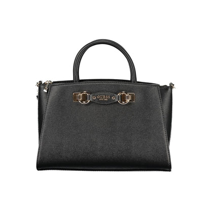 Handbag by Guess Jeans for women in polyethylene black features an refined silhouette, showcasing a secure snap & zipper, ample built-in-compartments, document-holder, external-pockets & internal-pockets, and versatile shoulder-strap, handle & adjustable-strap for a sophisticated refined aesthetic.