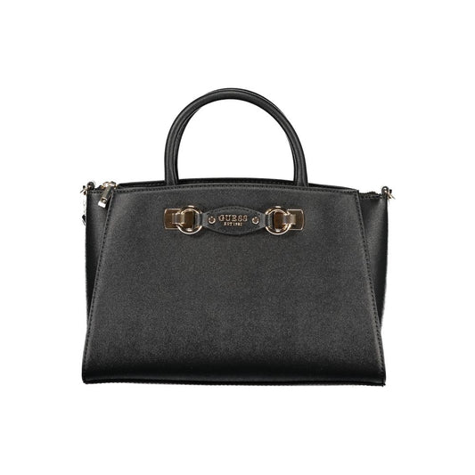 Handbag by Guess Jeans for women in polyethylene black features an refined silhouette, showcasing a secure snap & zipper, ample built-in-compartments, document-holder, external-pockets & internal-pockets, and versatile shoulder-strap, handle & adjustable-strap for a sophisticated refined aesthetic.