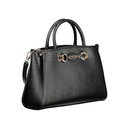 Handbag by Guess Jeans for women in polyethylene black features an refined silhouette, showcasing a secure snap & zipper, ample built-in-compartments, document-holder, external-pockets & internal-pockets, and versatile shoulder-strap, handle & adjustable-strap for a sophisticated refined aesthetic.