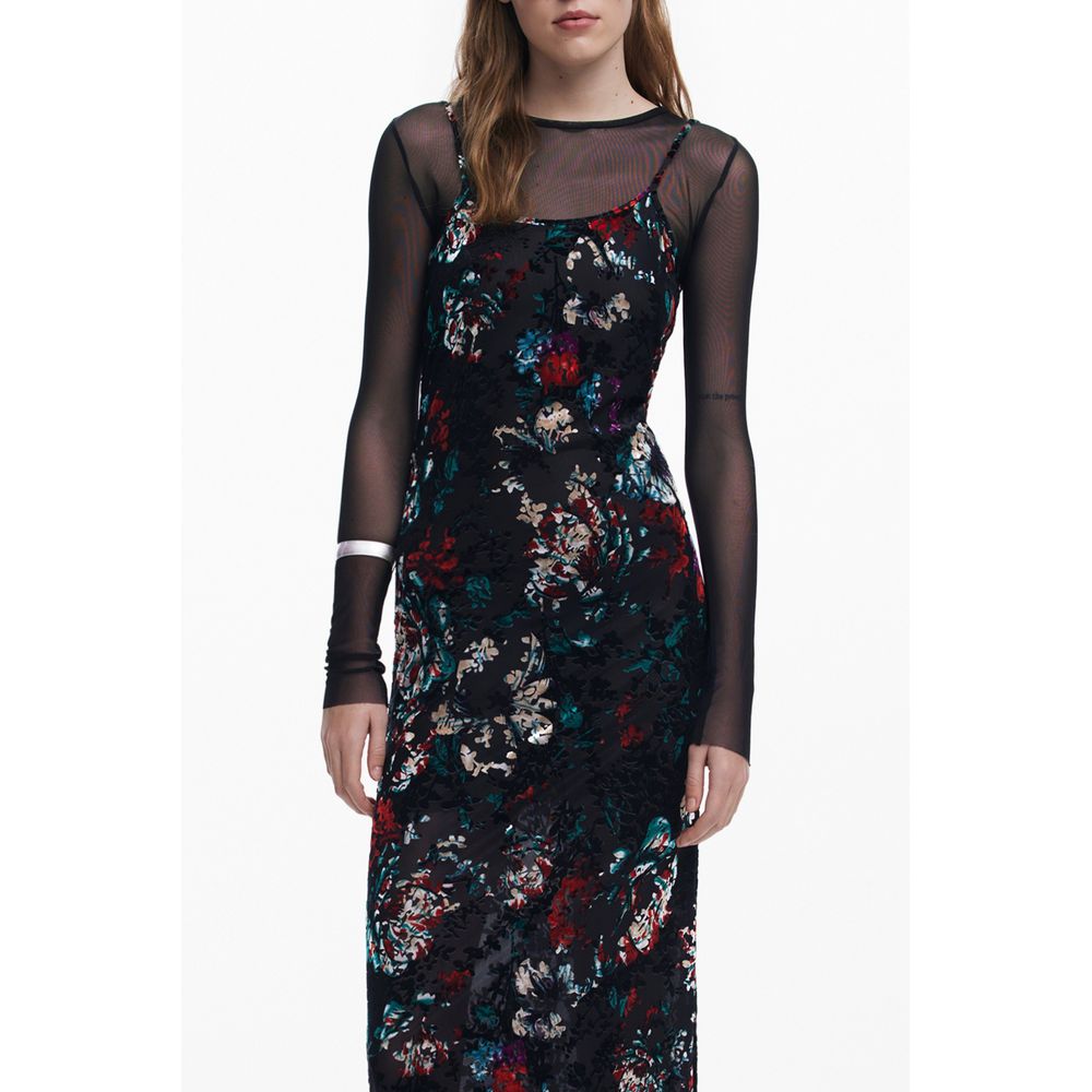 Dress by Desigual for women in polyester black & patterned presents a sinuous silhouette, showcasing a sophisticated crew neckline and long-sleeve detailed with a sinuous long for a refined finish.