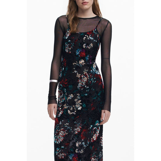 Dress by Desigual for women in polyester black & patterned presents a sinuous silhouette, showcasing a sophisticated crew neckline and long-sleeve detailed with a sinuous long for a refined finish.