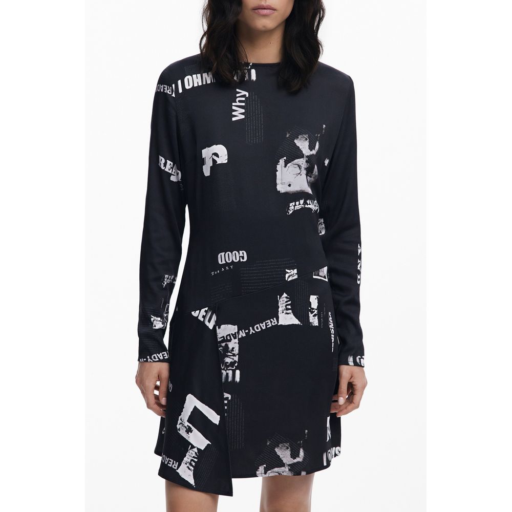 Dress by Desigual for women in stretch viscose black & patterned features a dramatic silhouette, showcasing an elegant wide-neck neckline and long-sleeve that flows into a dramatic short.