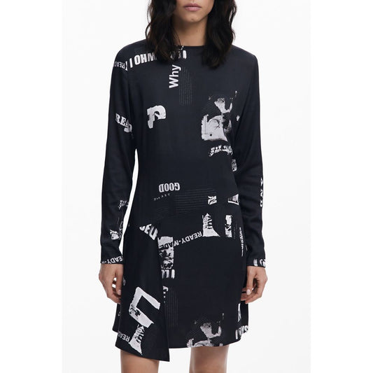 Dress by Desigual for women in stretch viscose black & patterned features a dramatic silhouette, showcasing an elegant wide-neck neckline and long-sleeve that flows into a dramatic short.