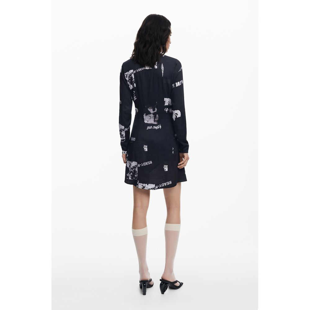 Dress by Desigual for women in stretch viscose black & patterned features an magnificent silhouette, artfully detailed with a magnificent wide-neck neckline and that flows into an magnificent short.