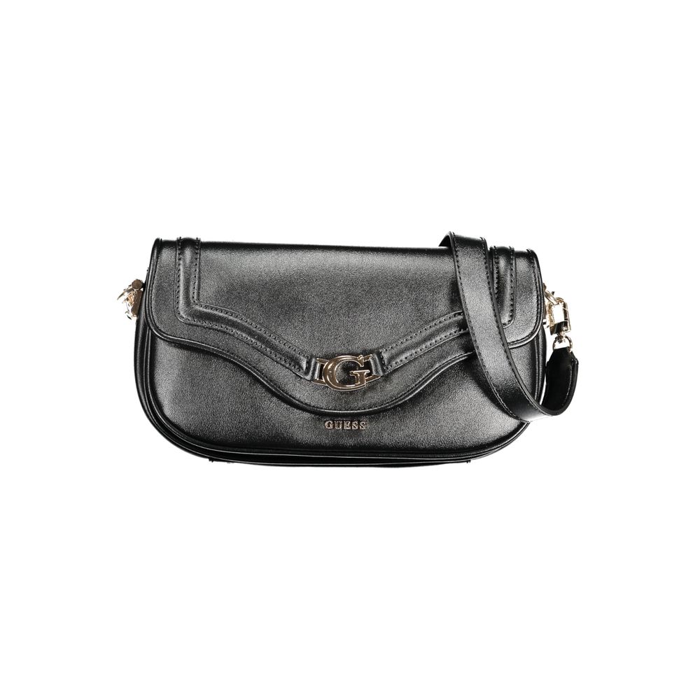 Handbag by Guess Jeans for women in polyethylene black & signature features an refined silhouette, showcasing a secure snap, ample built-in-compartments, external-pockets, internal-pockets & cardholder, and versatile shoulder-strap, adjustable-strap & handle for a sophisticated refined aesthetic.
