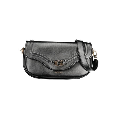 Handbag by Guess Jeans for women in polyethylene black & signature features an refined silhouette, showcasing a secure snap, ample built-in-compartments, external-pockets, internal-pockets & cardholder, and versatile shoulder-strap, adjustable-strap & handle for a sophisticated refined aesthetic.