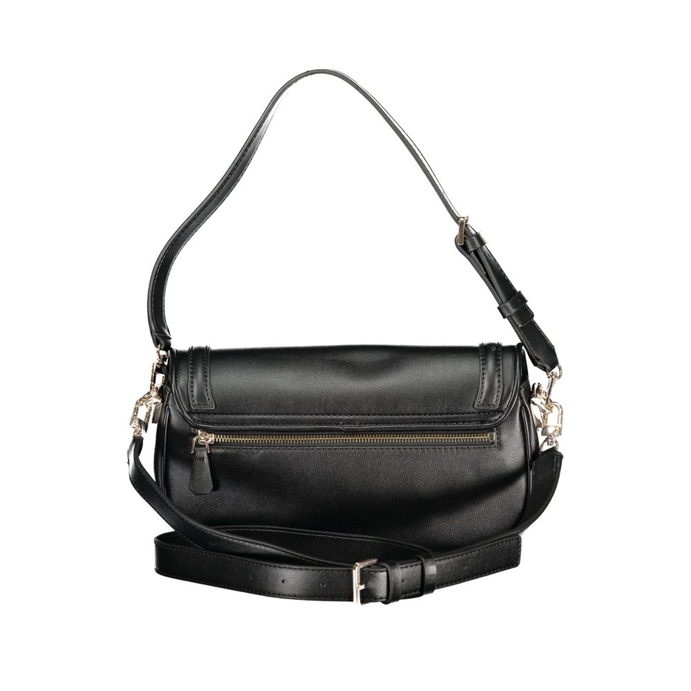 Handbag by Guess Jeans for women in polyethylene black & signature features a ornamental silhouette, showcasing a secure snap, ample built-in-compartments, external-pockets, internal-pockets & cardholder, and ornamental shoulder-strap, adjustable-strap & handle for a sophisticated look.