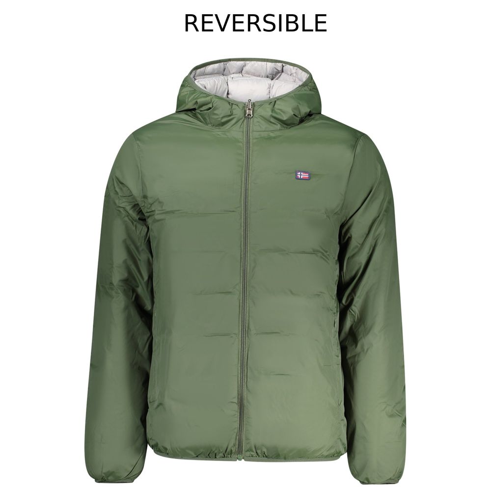 Hooded Overcoat by Norway 1963 for men in polyester green features an voluminous silhouette, showcasing distinct pockets & hooded and a voluminous hooded neckline for a truly voluminous aesthetic.