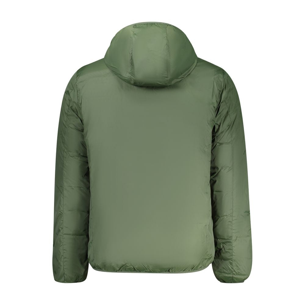 Hooded Overcoat by Norway 1963 for men in polyester green showcases a architectural silhouette, artfully detailed with a distinctive hooded neckline and functional pockets & hooded for a architectural finish.