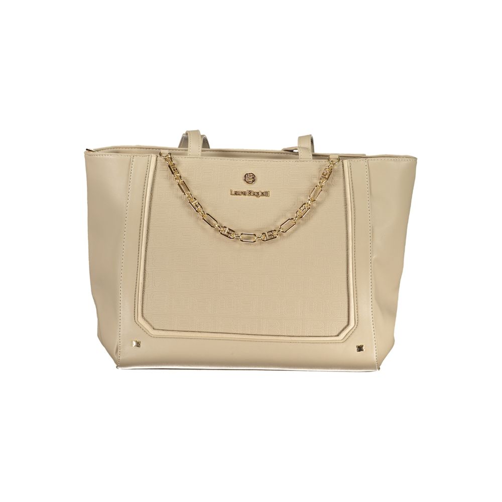 Handbag by Laura Biagiotti for women in pvc viscose modal & nickel beige & signature features a signature silhouette, showcasing a secure zipper and signature internal-pockets with versatile handle for a sophisticated look.