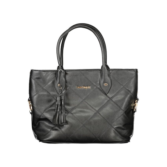 Handbag by Laura Biagiotti for women in pvc viscose modal & nickel black features a signature silhouette, showcasing a secure zipper and signature document-holder with versatile shoulder-strap, adjustable-strap & handle for a sophisticated look.