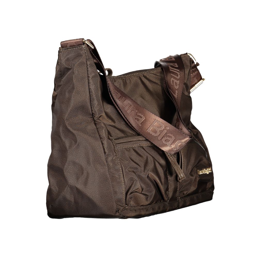 Handbag by Laura Biagiotti for women in polyester viscose modal & nickel brown features a signature silhouette, showcasing a secure zipper and signature document-holder, external-pockets & internal-pockets with versatile shoulder-strap & adjustable-strap for a sophisticated look.