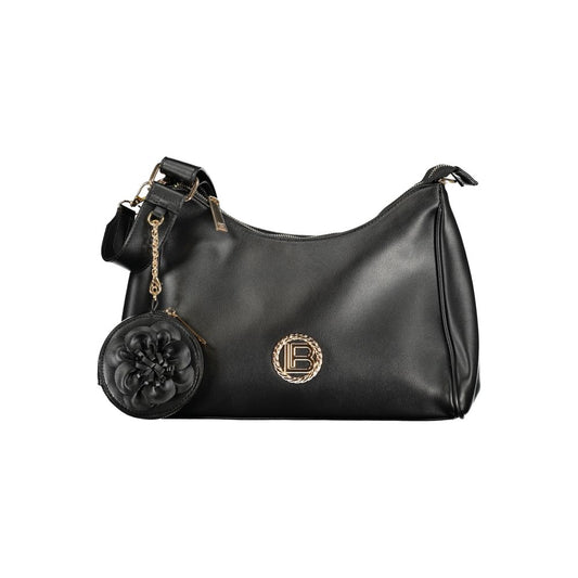 Handbag by Laura Biagiotti for women in pvc black features a ornamental silhouette, showcasing a secure zipper, ample removable-pouch, internal-pockets & coin-purse, and ornamental shoulder-strap & adjustable-strap for a sophisticated look.