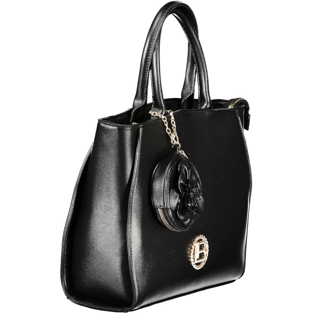 Handbag by Laura Biagiotti for women in pvc viscose modal & nickel black features a ornamental silhouette, showcasing a secure zipper, ample document-holder, removable-pouch, internal-pockets & coin-purse, and ornamental shoulder-strap, handle & adjustable-strap for a sophisticated look.