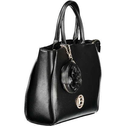 Handbag by Laura Biagiotti for women in pvc viscose modal & nickel black features a ornamental silhouette, showcasing a secure zipper, ample document-holder, removable-pouch, internal-pockets & coin-purse, and ornamental shoulder-strap, handle & adjustable-strap for a sophisticated look.