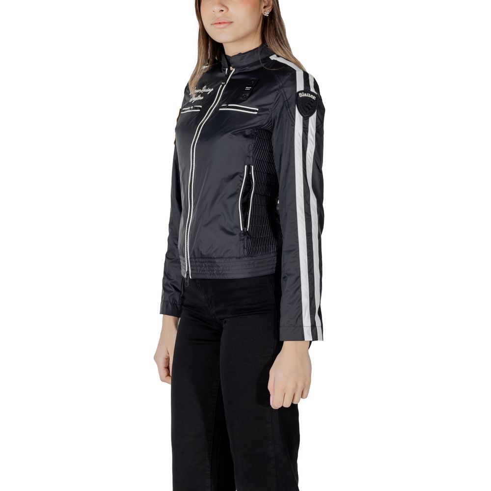 Jacket by Blauer for women in polyamide black & striped features an utilitarian silhouette with a refined high-collar neckline, showcasing sophisticated lightweight for an utilitarian aesthetic.