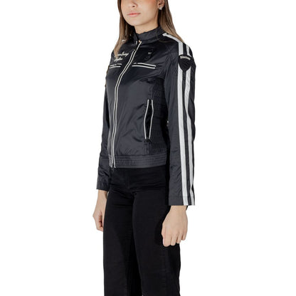 Jacket by Blauer for women in polyamide black & striped features an utilitarian silhouette with a refined high-collar neckline, showcasing sophisticated lightweight for an utilitarian aesthetic.