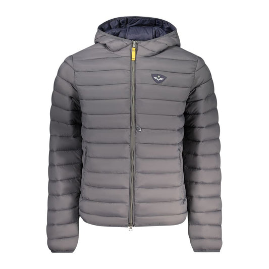 Hooded Puffer Jacket by Armata Di Mare for men in polyamide gray features a dramatic silhouette, showcasing a sophisticated hooded neckline and distinctive pockets, hooded, insulated & windproof for a dramatic aesthetic.