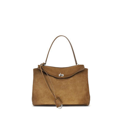 Medium Shoulder Bag by Balenciaga for women in bos taurus suede calfskin leather brown, silver & signature showcases a enviable silhouette, artfully detailed with a secure zipper, organized external-pockets, and versatile shoulder-strap, handle & detachable-strap for a enviable look.