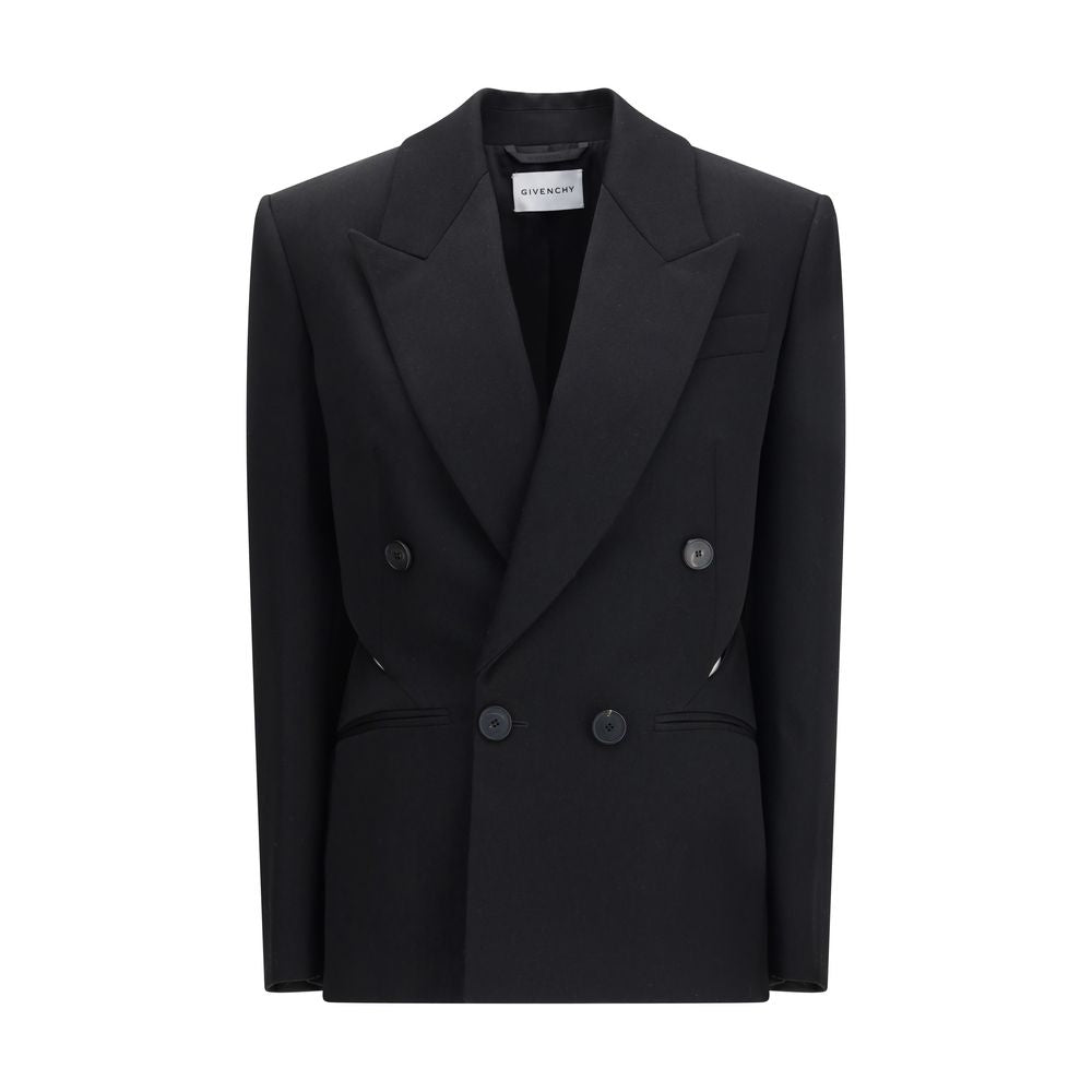 Overcoat by Givenchy for women in wool polyester satin black features a contemporary silhouette showcasing a contemporary and refined pockets for a sophisticated finish.
