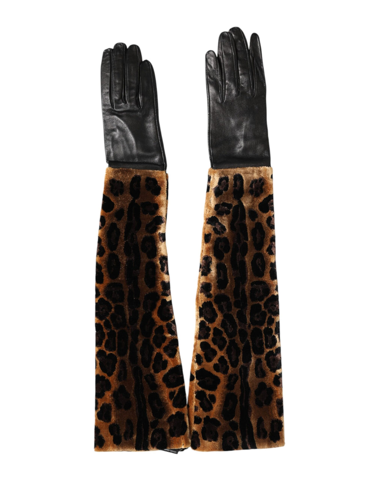 Dolce & Gabbana Leather Silk & Viscose Mittens Elbow Length Gloves - Black Brown Leopard Print Signature Print