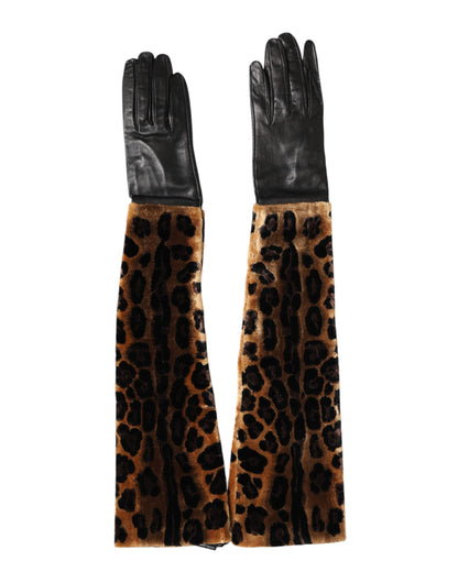 Dolce & Gabbana Leather Silk & Viscose Mittens Elbow Length Gloves - Black Brown Leopard Print Signature Print