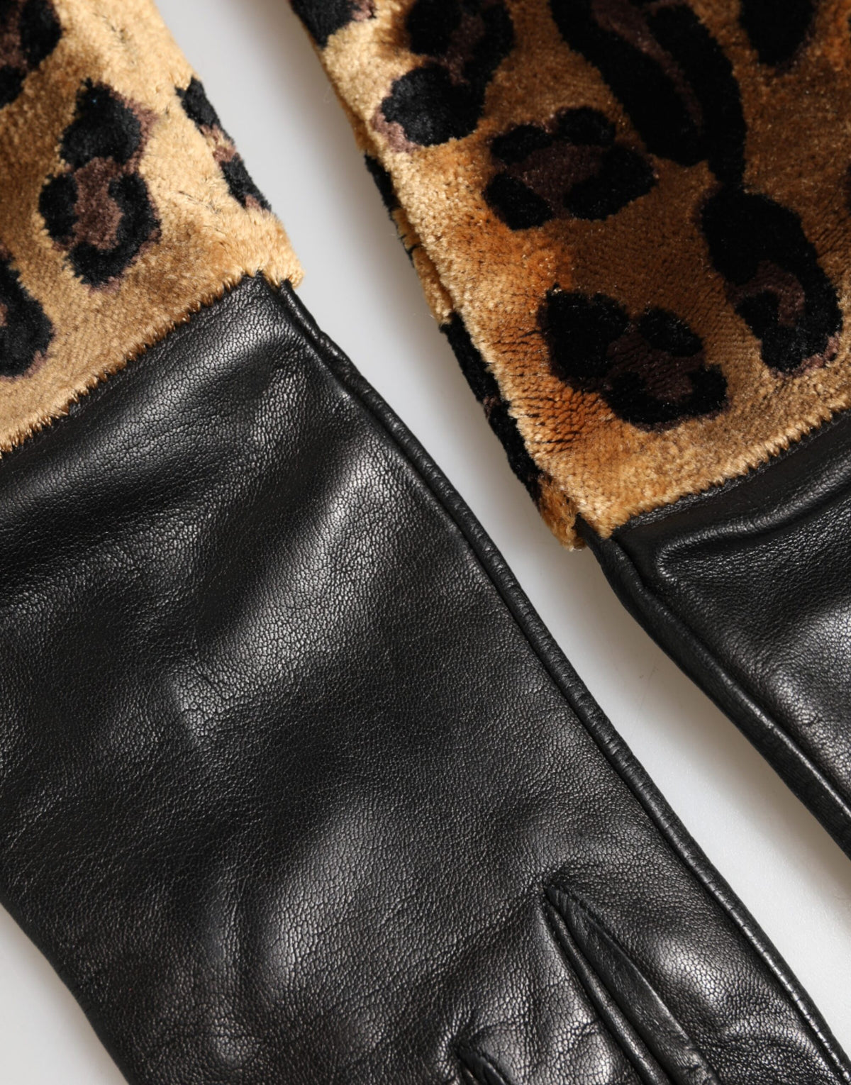 Dolce & Gabbana Leather Silk & Viscose Mittens Elbow Length Gloves - Black Brown Leopard Print Signature Print