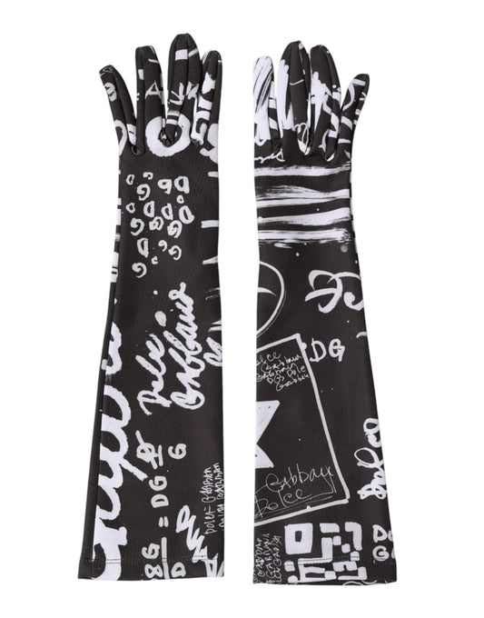 Dolce & Gabbana Black White DG Logo Elbow Length Mitten Gloves