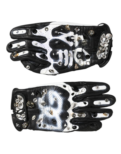 Dolce & Gabbana Polyester & Crystal Mittens Wrist Length Gloves - Black White Signature
