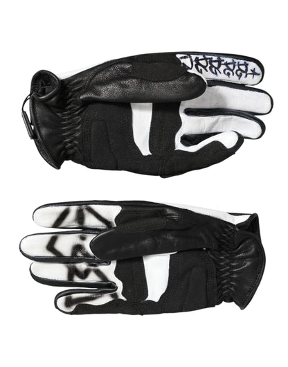 Dolce & Gabbana Polyester & Crystal Mittens Wrist Length Gloves - Black White Signature